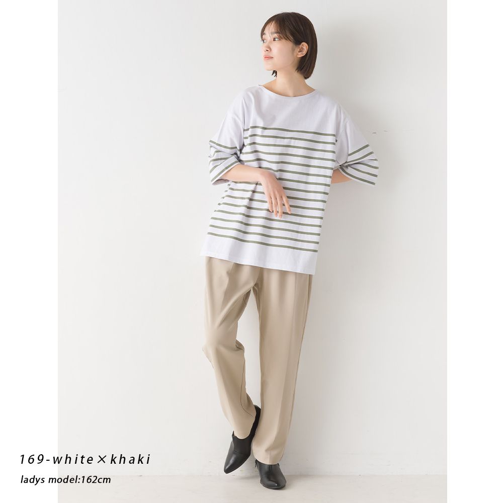 日本 OMNES - 100%棉 圓領條紋五分袖上衣-白x黑