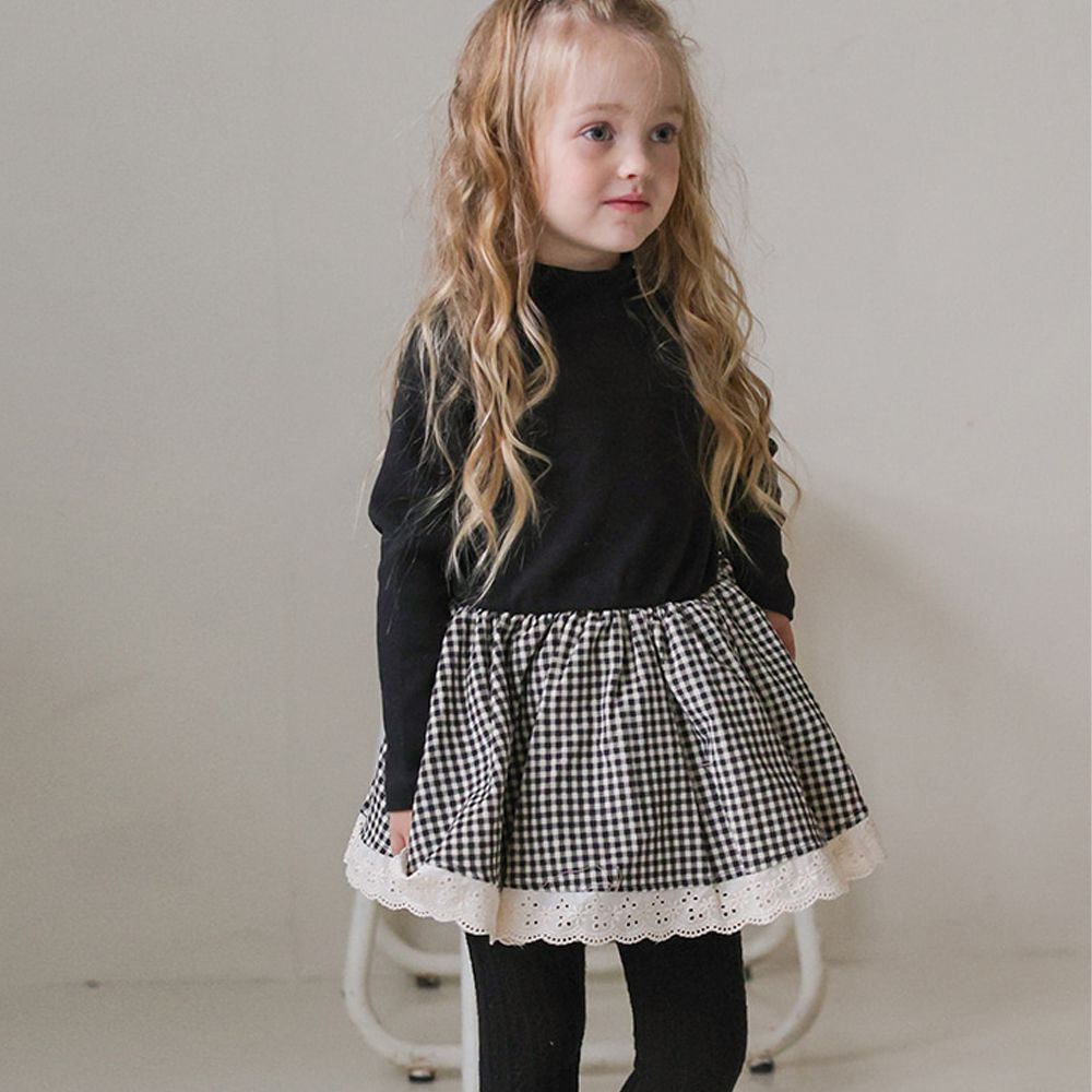 Puellaflo 經典黑拼接小格紋蕾絲蓬蓬裙洋裝