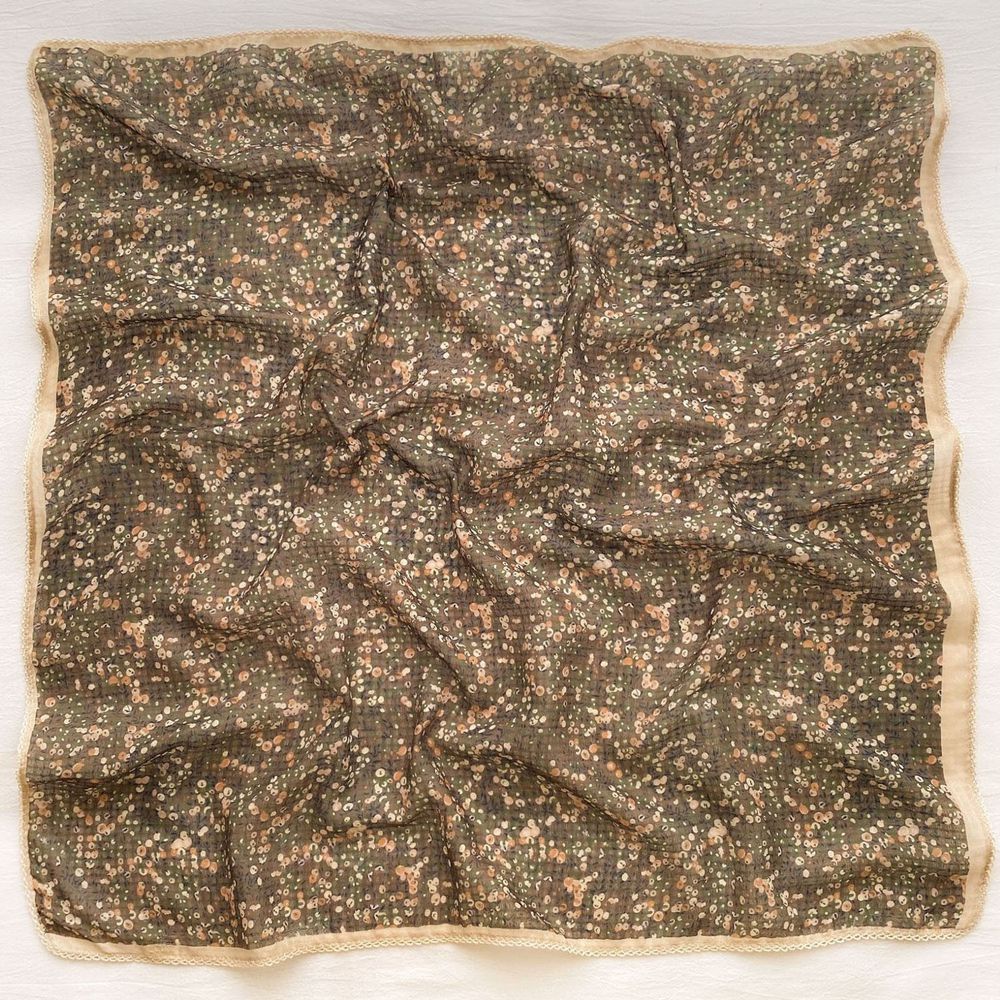 法式棉麻披肩方巾-清新小碎花-咖啡色 (90x90cm)