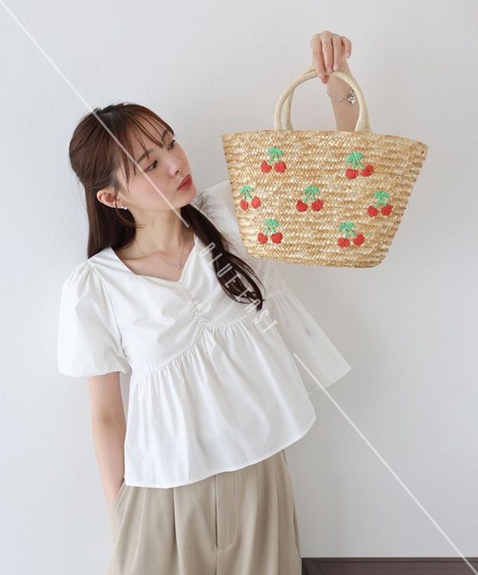 日本 BLUE EAST - 可愛水果刺繡夏日草編手提包-檸檬