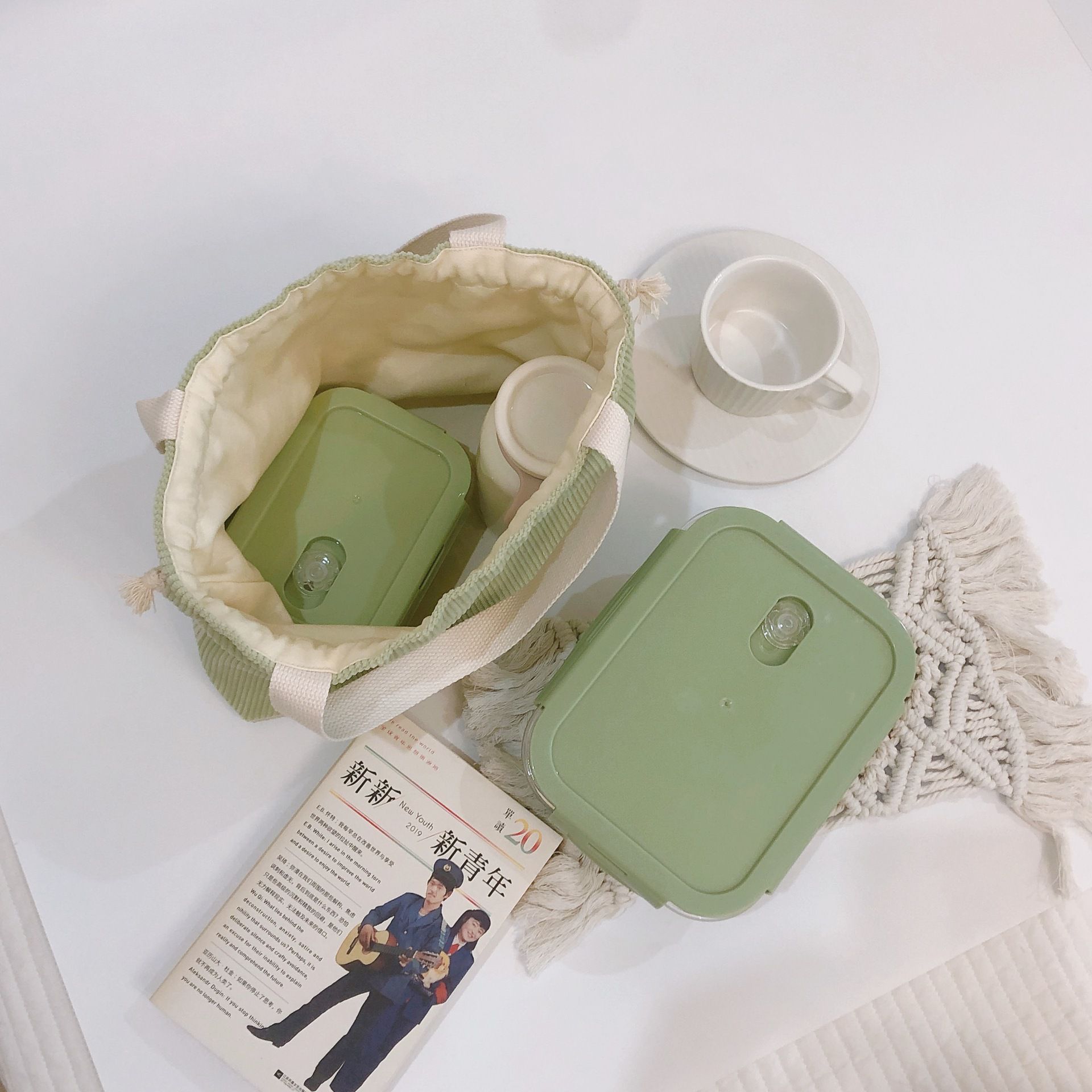 燈芯絨手提束口小布包-灰色 (31x19x10cm)