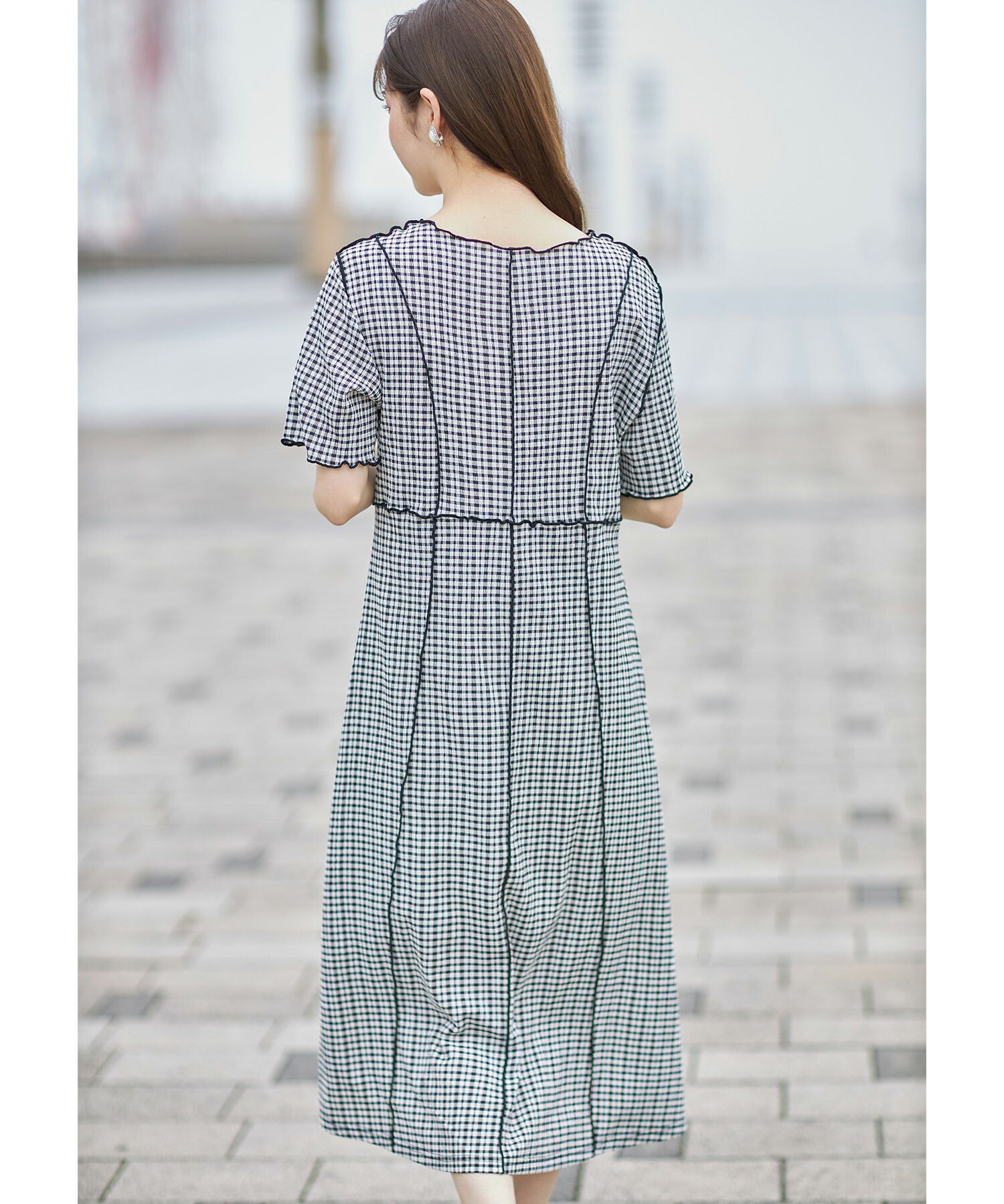 日本 tocco-closet - 修身線條五分袖洋裝-格紋-薄荷