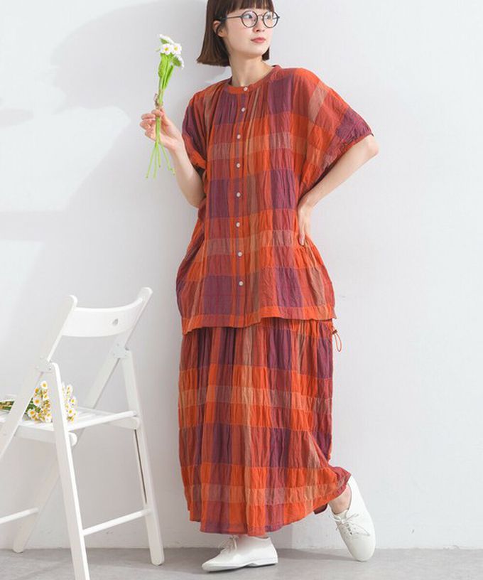 日本 Lupilien - 印度棉 皺皺文青格紋側抽繩長裙-米杏