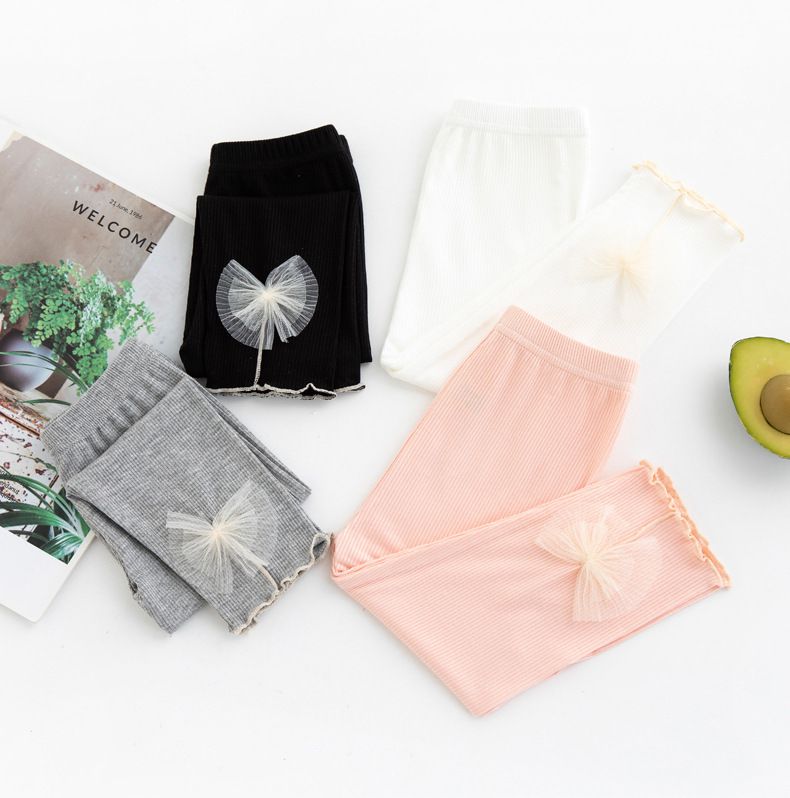 FANMOU - 莫代爾螺紋透氣七分內搭褲-扇貝蝴蝶結-灰色