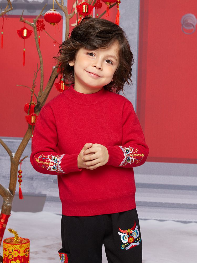 (加絨)喜氣拜年圓領長袖上衣-刺繡彩獅-紅色
