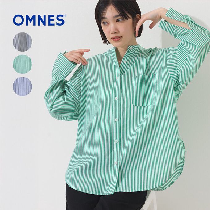 日本 OMNES - 純棉 俐落條紋寬鬆感立領襯衫-海軍藍