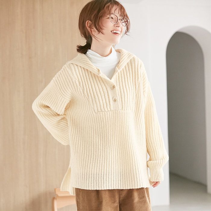 日本 BELLUNA - 休閒水手領寬鬆針織毛衣-條紋-淺米