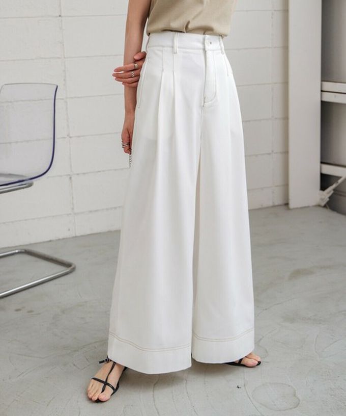 日本 Bab - 簡潔縫線俐落寬版長褲-白