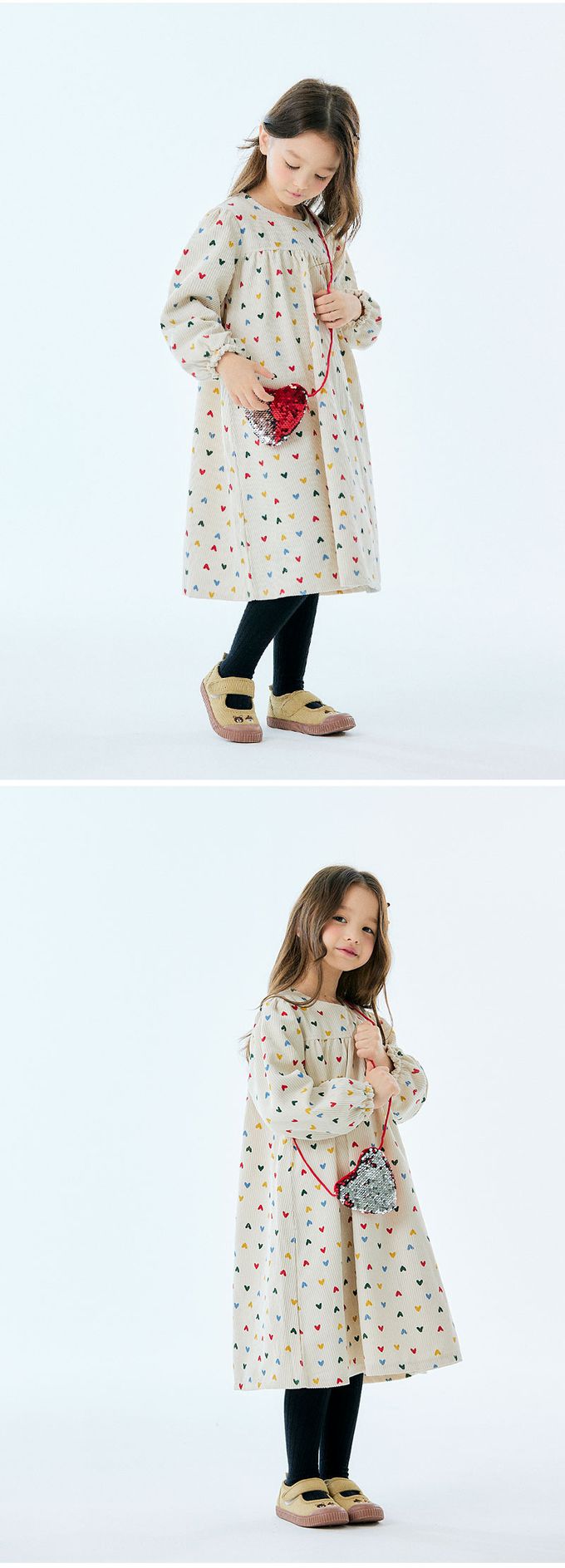 韓國 OZKIZ - (附包包)多彩愛心燈芯絨溫暖洋裝-米