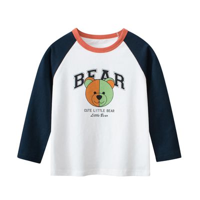 27KIDS - 純棉圓領薄長袖上衣-拼色熊熊-米白+深藍
