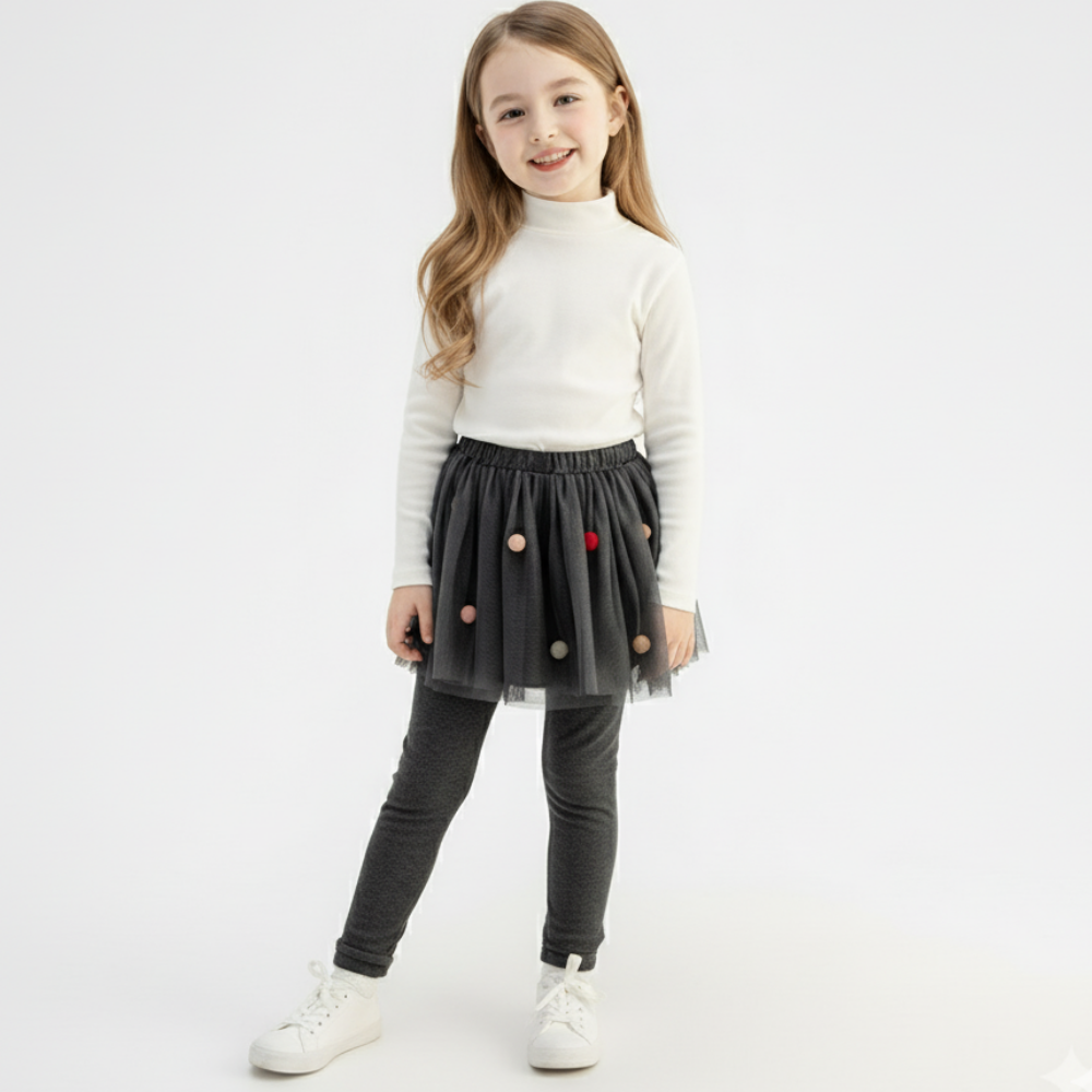 加絨保暖紗裙內搭褲-彩色毛球-深灰