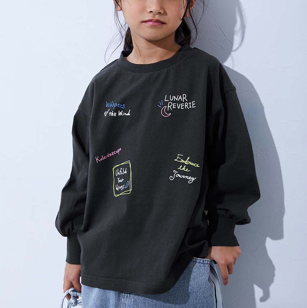 100%棉 女孩寬版長袖T恤-彩色標語-炭黑