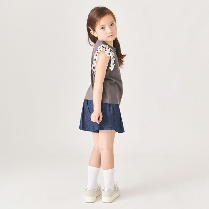 日本 evercloset - 100%棉 點點蕾絲短袖上衣-淺棕