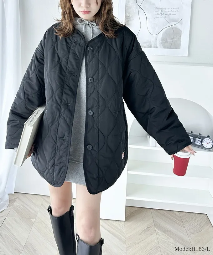 日本 Classical Elf - 簡約絎縫泡泡紋鋪棉外套-淺米杏