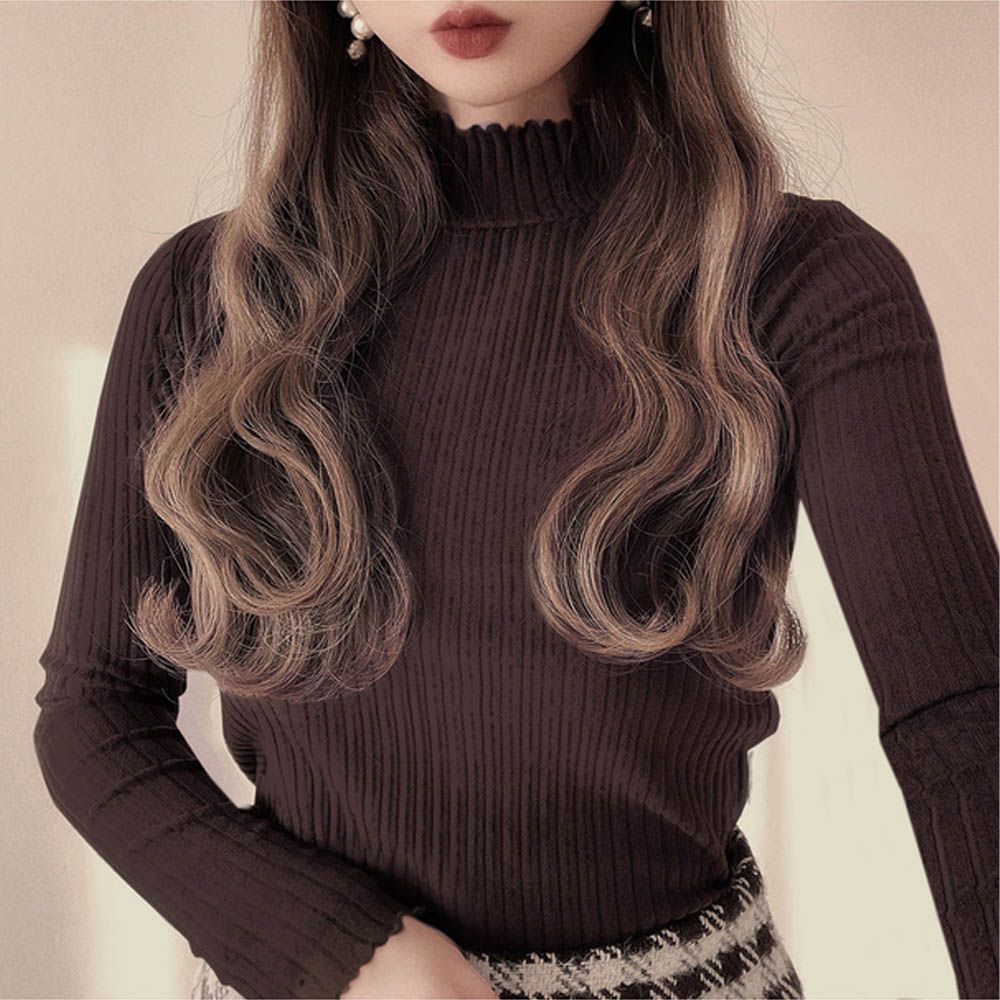 甜美木耳立領羅紋長袖上衣-深咖啡