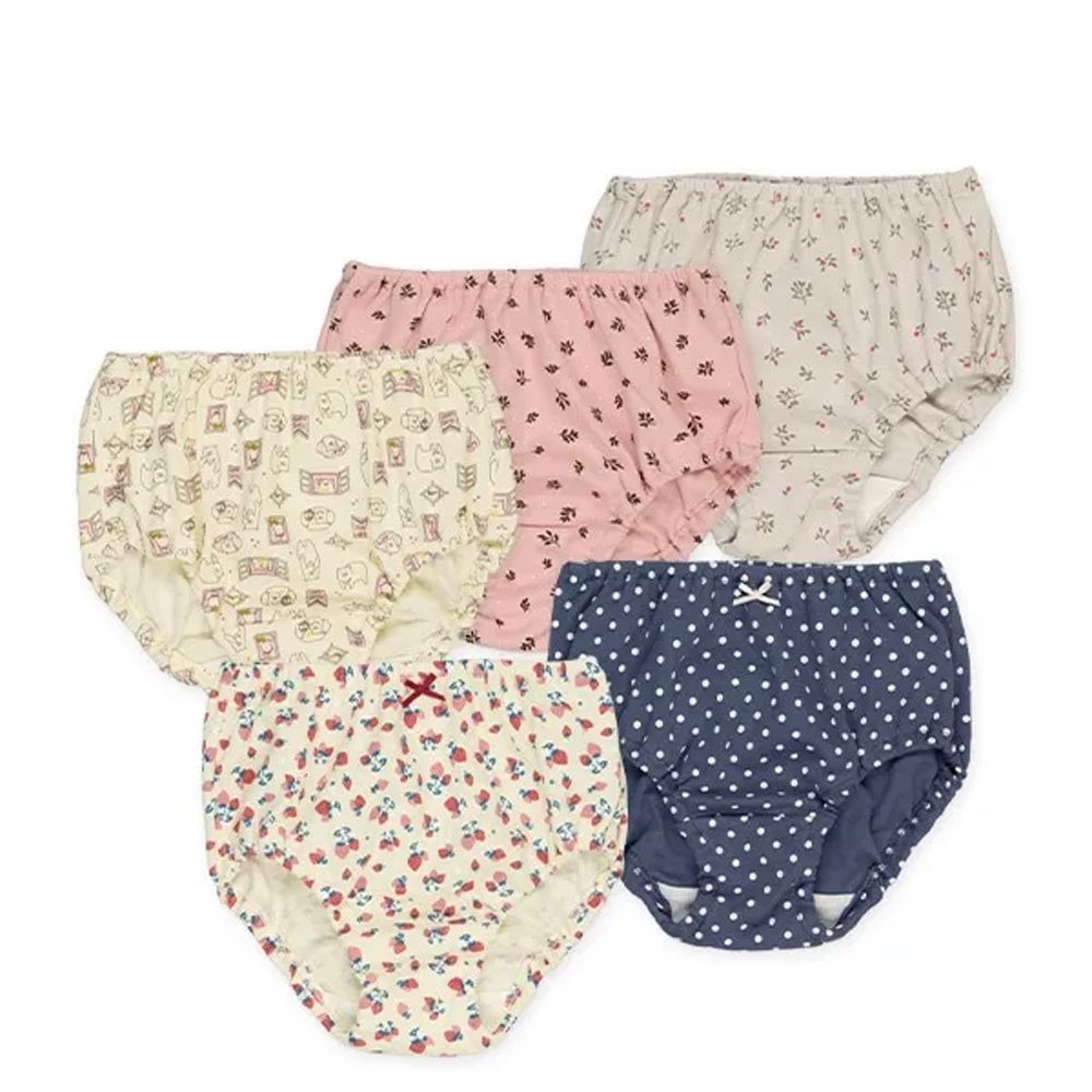 純棉女孩印花內褲(5件組)-草莓波點小花-深藍米系