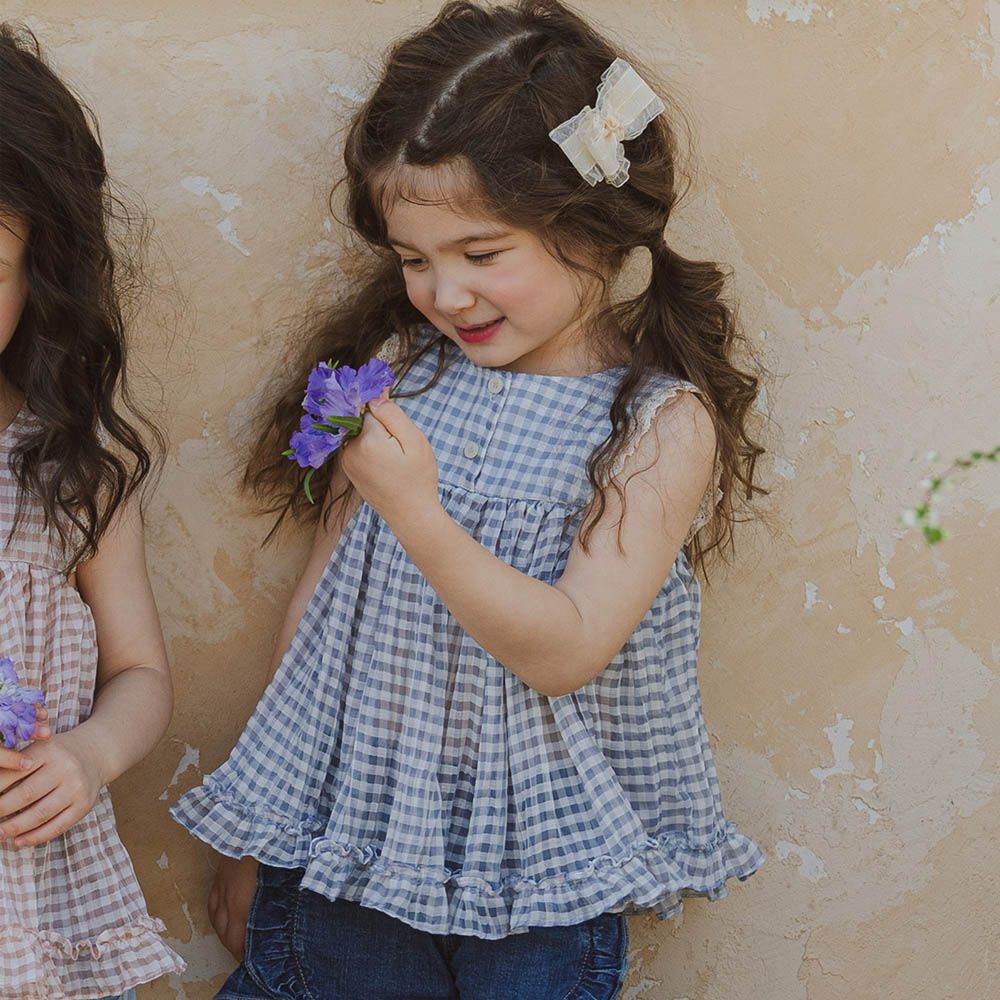 田園格紋荷葉襬微透無袖襯衫-藍