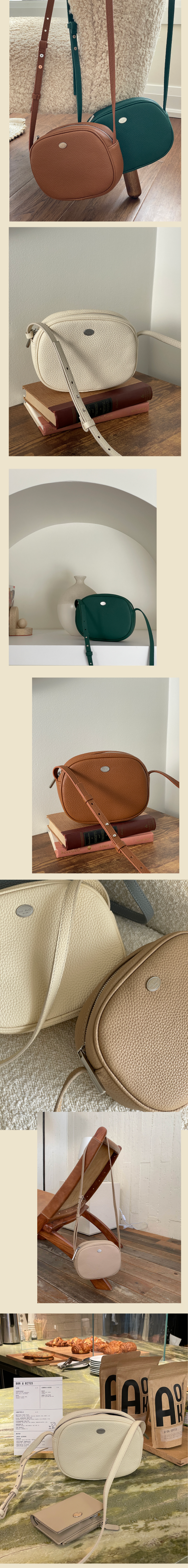 韓國 THEALLY - 簡約橢圓牛皮斜背包-焦糖咖