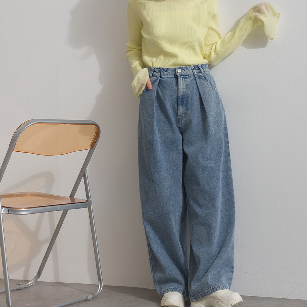 10oz 立體摺線後腰鬆緊牛仔褲-刷色藍