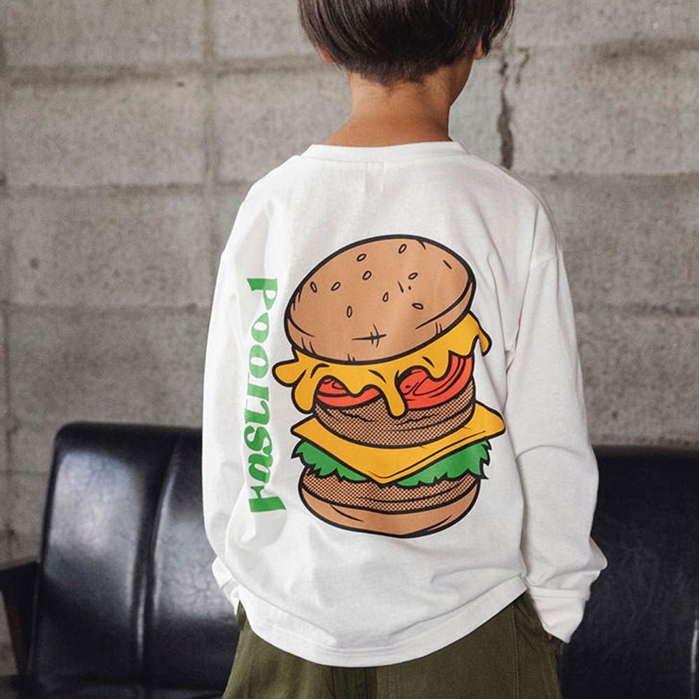 100%棉 街頭印花長袖上衣-漢堡-白