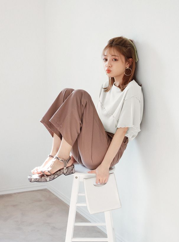 日本 GRL - 羅紋木耳邊短袖上衣-莫蘭迪綠