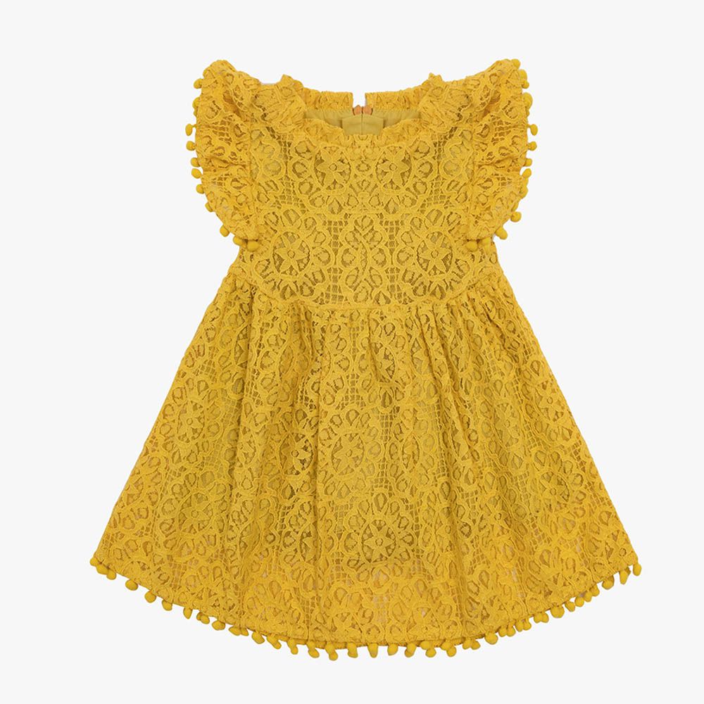 氣質簍空蕾絲小飛袖洋裝-黃色