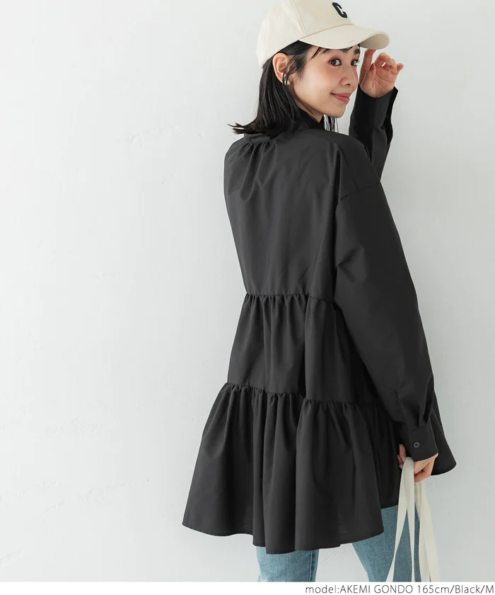 日本 COCA - 氣質蛋糕層次長袖上衣-經典黑