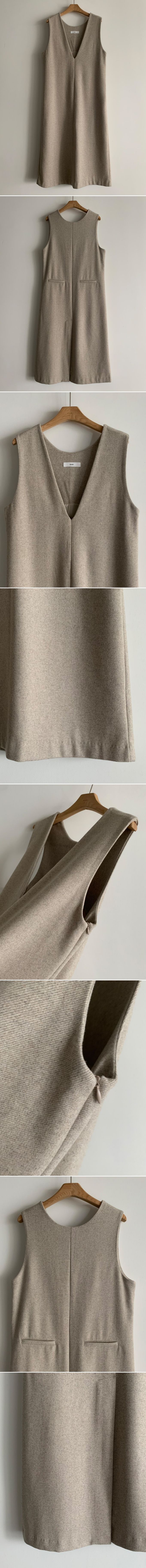 韓國女裝連線 - 簡約V字混羊毛側開連身洋裝-燕麥杏 (FREE)