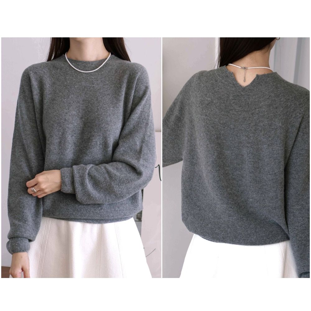 柔軟美麗諾羊毛無縫後頸小開衩長袖針織上衣-灰 (FREE)