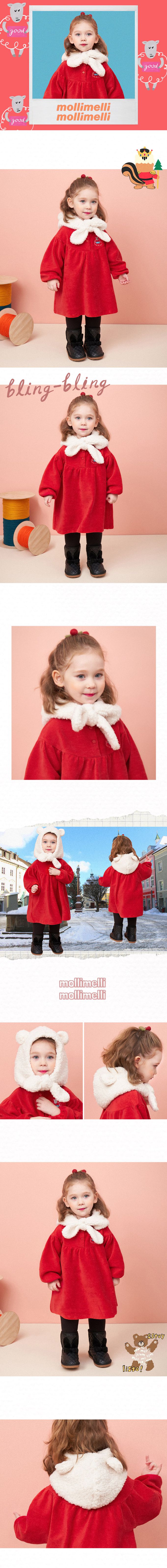 韓國 mollimelli - (含帽子)molli刺繡燈芯絨連身洋裝-紅