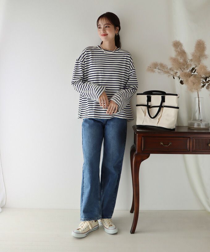 日本 BLUE EAST - 百搭落肩休閒長袖上衣-條紋-軍綠