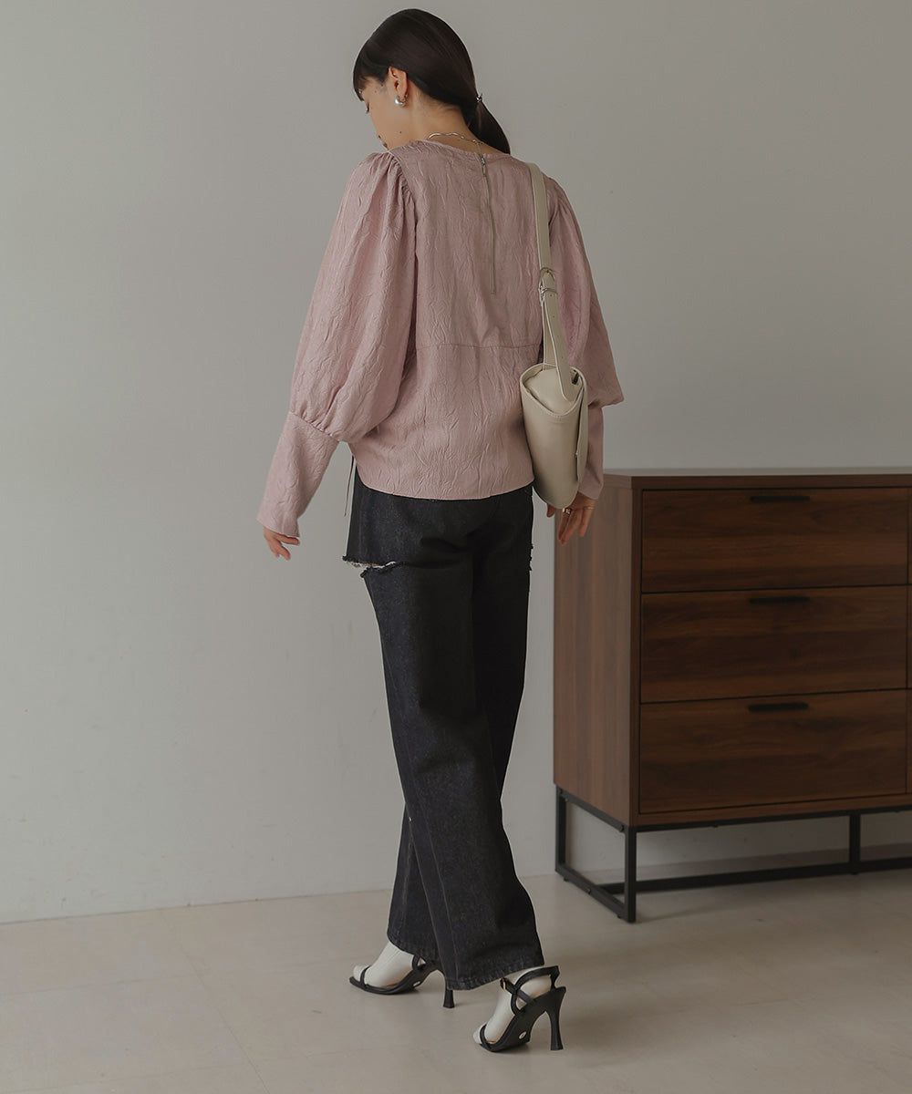 日本 Bab - 光澤感抽繩泡泡袖上衣-香檳