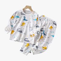 WarmNest - 純棉網眼透氣長袖家居服套裝-恐龍樂園-白色