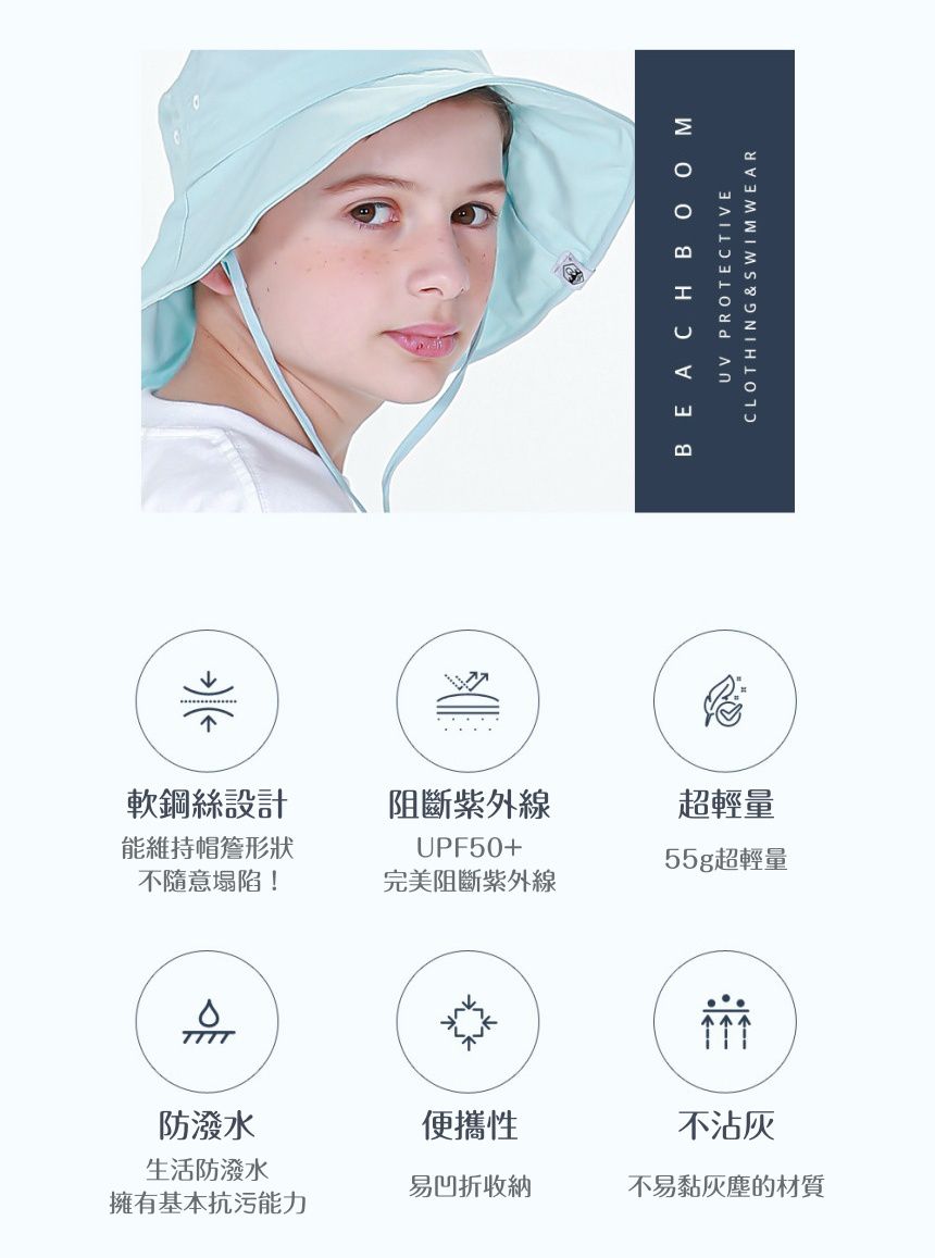 韓國 Beach Boom - 韓製UPF50+軟鋼絲防水透氣防曬帽/漁夫帽-天藍