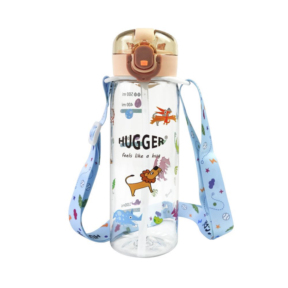 HUGGER - 彈蓋吸管水壺500ml (動物世界) 背帶組-透明大容量Tritan兒童激勵隨身水瓶