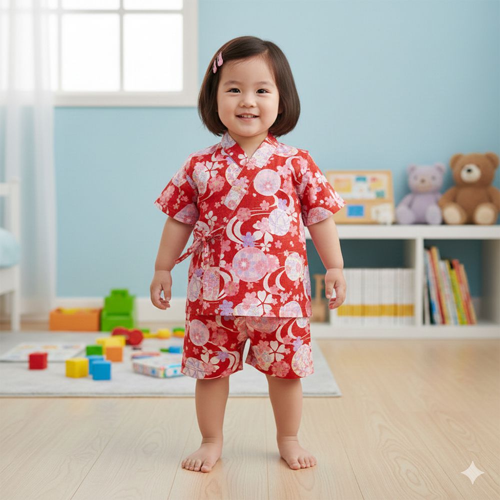 兒童兩件式甚平-手鞠-紅色