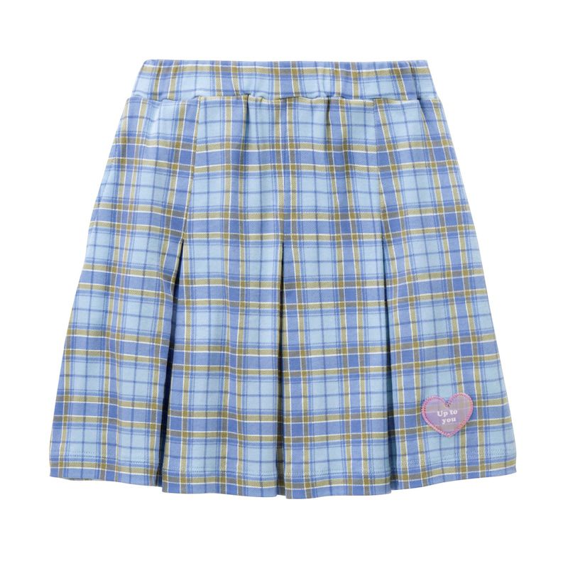 日本 Papel lapiz - 愛心徽章格紋百摺短裙-水藍