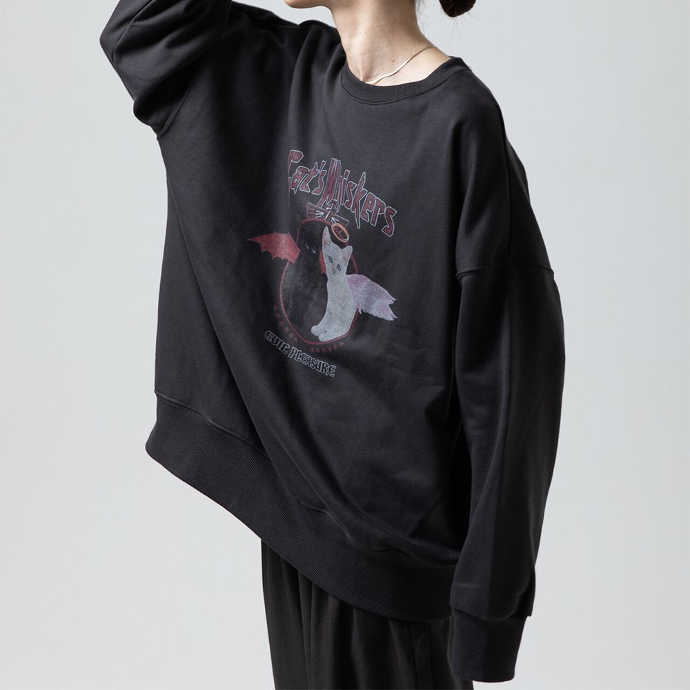 裏毛寬版天使惡魔貓咪印花大學T-炭黑