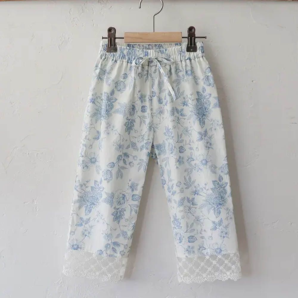 鬆緊腰古典花紋透膚蕾絲拼接長褲-藍