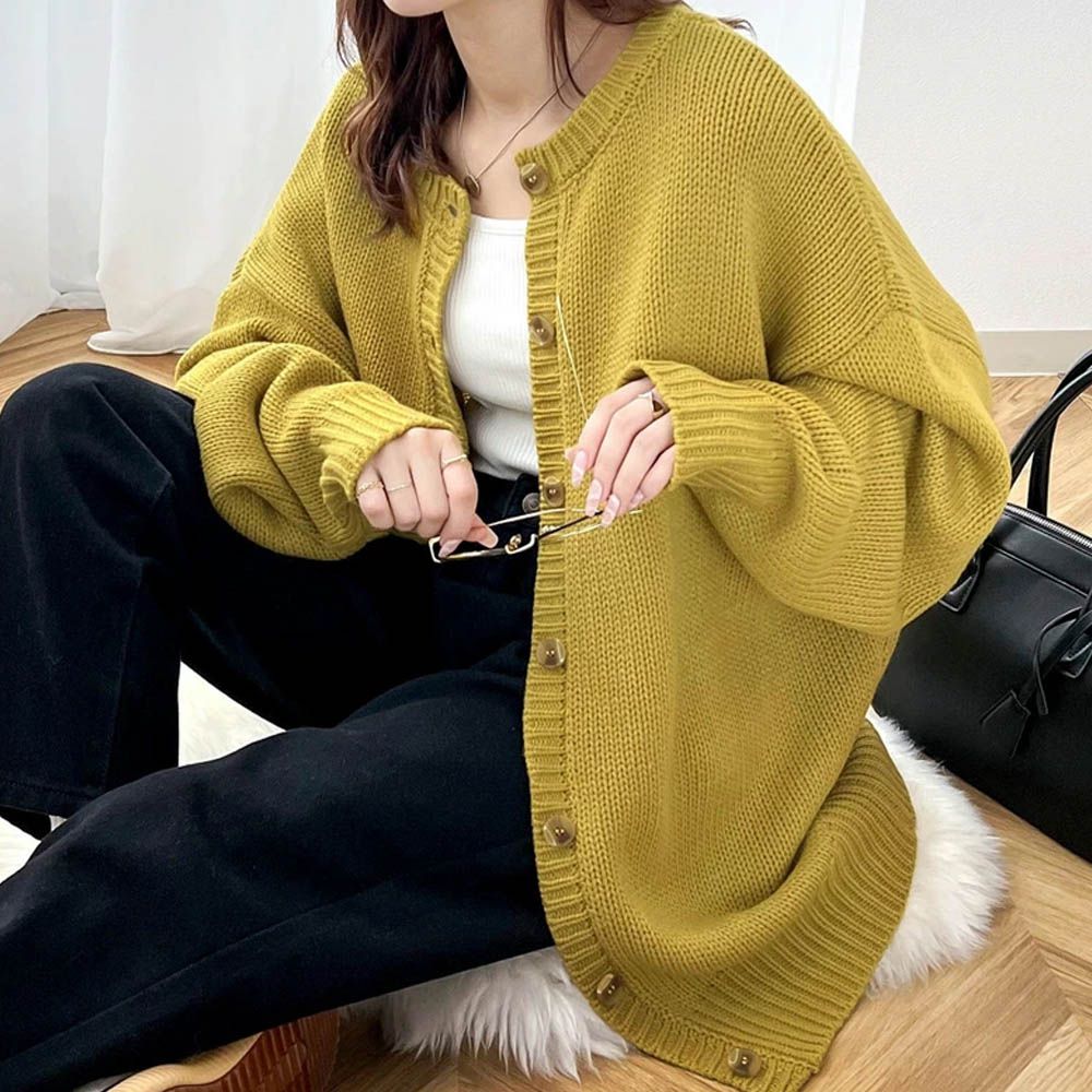 雙面穿寬鬆針織鈕釦開襟衫-芥末黃