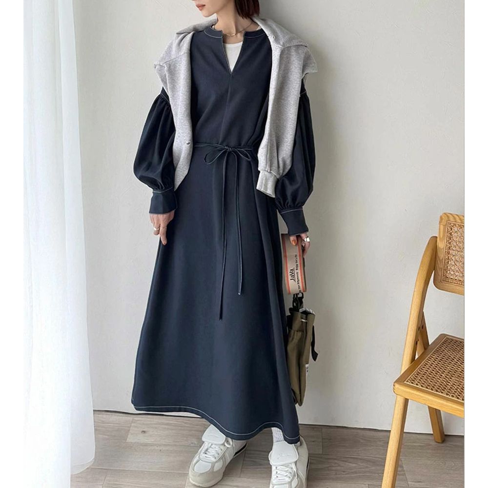 鑰匙領氣質澎澎腰綁帶長袖洋裝-海軍藍