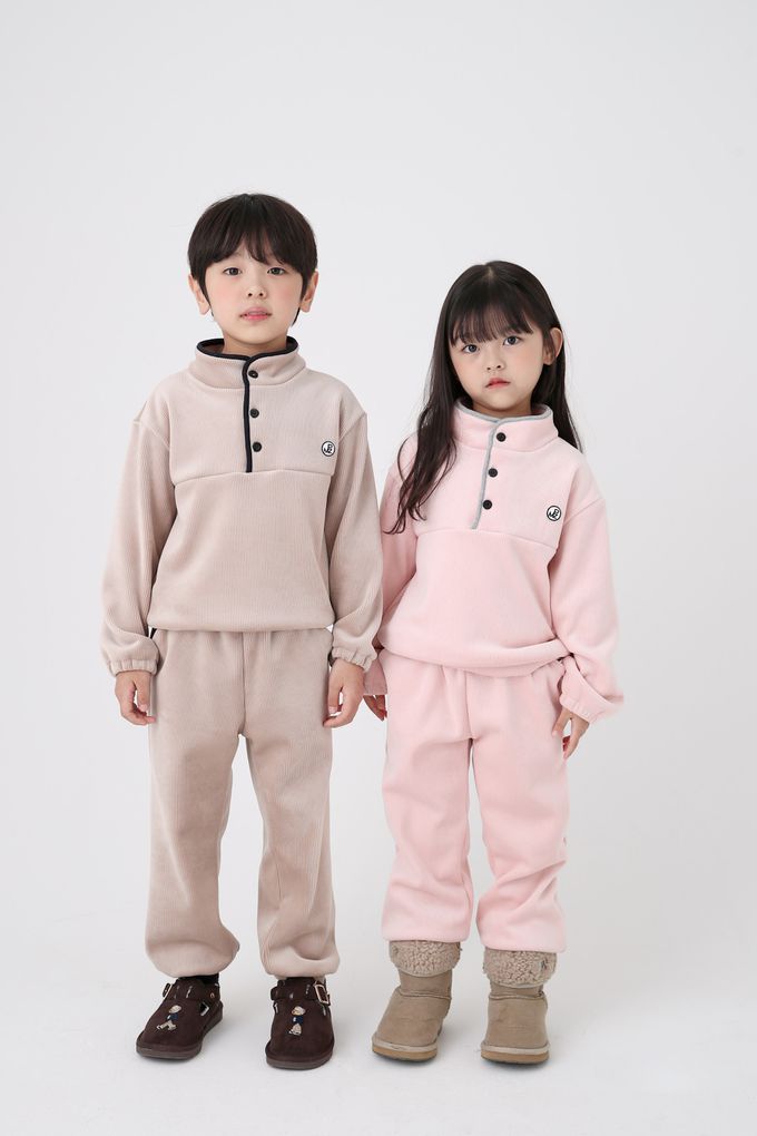 韓國 Coco Bang - (兩件式)鈕扣羅紋立領長袖套裝-卡其