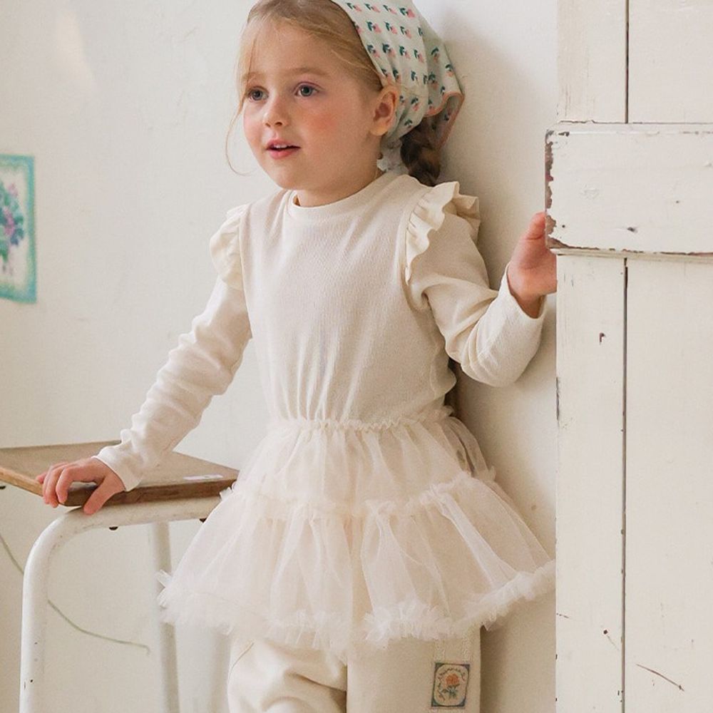 Puellaflo 甜心抓褶飛袖拼接紗裙迷你洋裝-米白