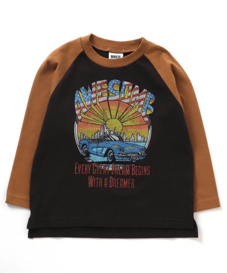 日本 BREEZE - 復古老爺車美式印花長袖上衣-可可x炭黑