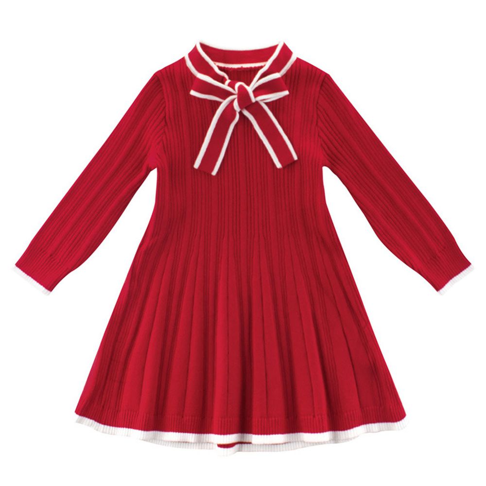 長袖針織洋裝-領口蝴蝶結-紅色
