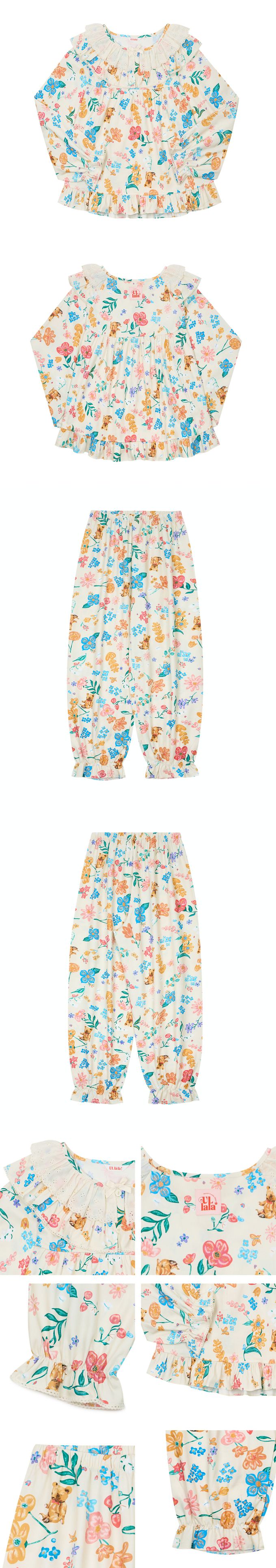 韓國 ULLALA - 童話熊花園荷葉領長袖睡衣套裝-淡黃 (FREE)