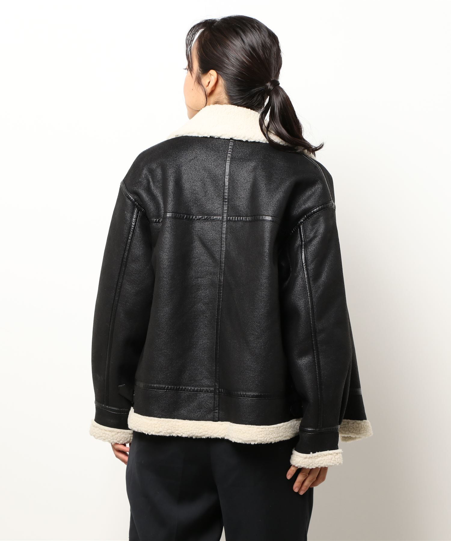 日本 Riche Glamour - 麂皮撞色羊羔絨保暖外套-咖啡