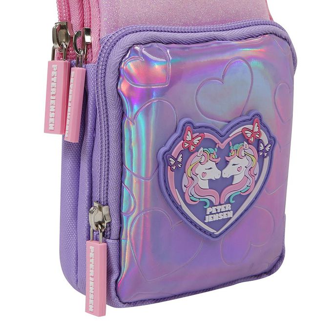 韓國 PETER JENSEN - 愛心獨角獸多夾層輕便斜背包-粉X紫 (10x18.5x4cm)