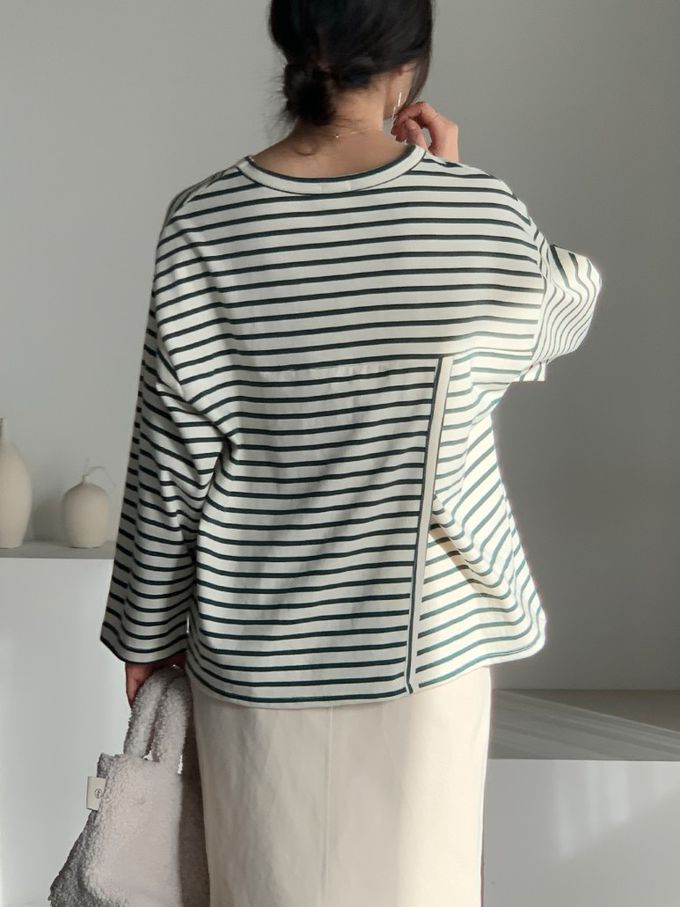 韓國女裝連線 - 不對稱後開衩條紋長袖上衣-墨綠 (FREE)