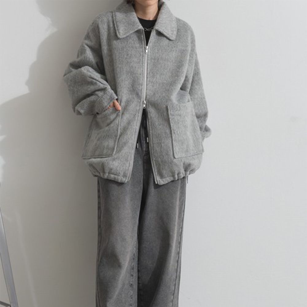 毛海感寬版雙拉鏈大口袋保暖外套-淺灰